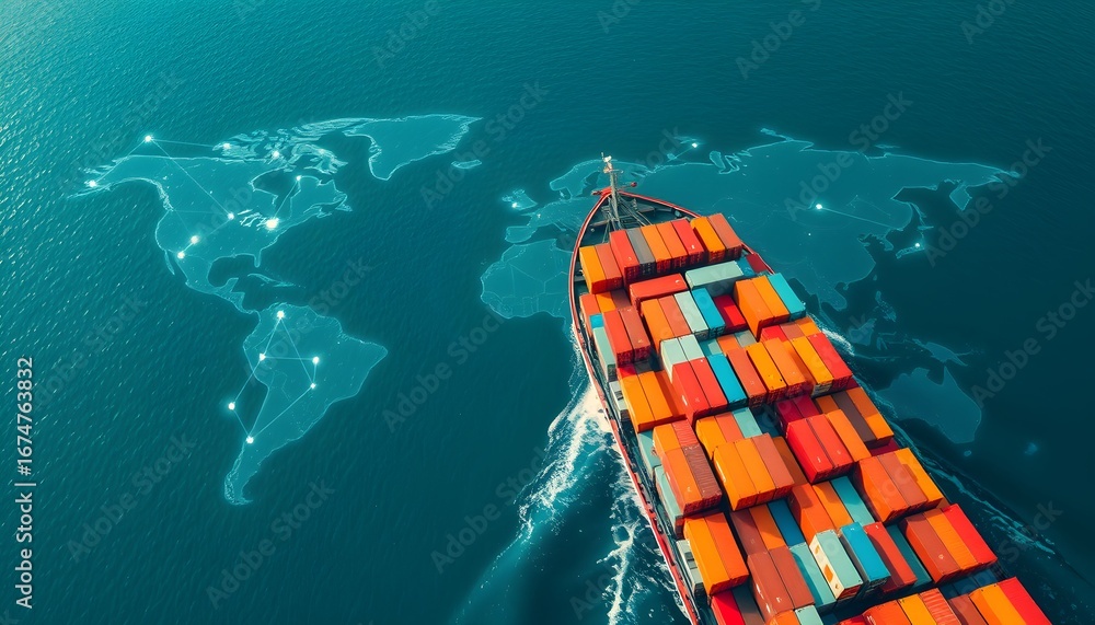 Poster aerial view of a cargo ship loaded with containers sailing on the ocean with a world map overlay.