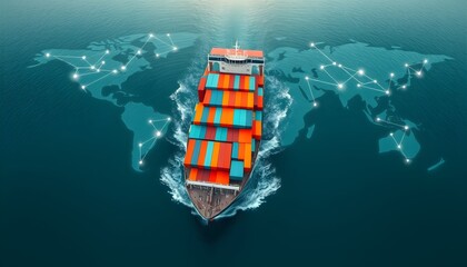 A cargo ship sails across a digital world map, representing global trade.
