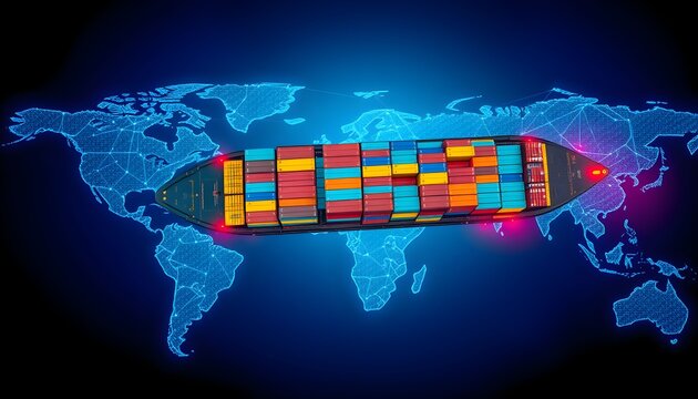 Cargo ship loaded with colorful containers sailing over a world map, representing global trade and logistics.