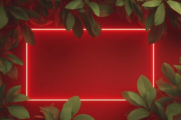 Red Background with Neon Frame and Green Leaves