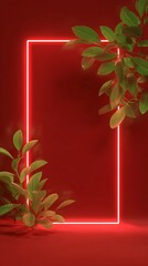 Red Background with Neon Frame and Green Plant Foliage