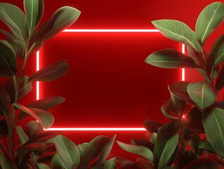 Red Background with Neon Frame and Plants
