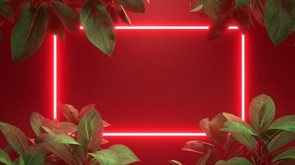 Red Background with Neon Frame and Tropical Foliage