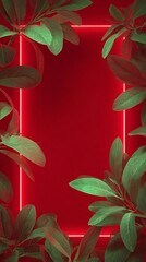 Red Background with Neon Frame and Tropical Leaves