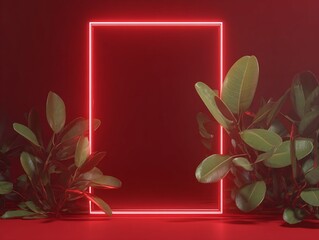 Red Neon Frame with Green Foliage