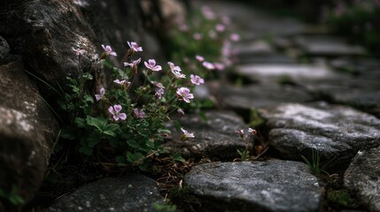 Wildflowers bloom along a stone path creating a serene atmosphere in the early evening light