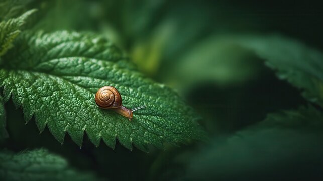 Close-up view of a snail slowly moving across a wet green leaf in a tranquil garden setting