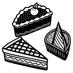 Pie slice and tart illustration set, hand drawn dessert vector, black and white line art, cake slice with cream topping, bakery food sketch isolated on white background