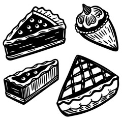 Pie slice and tart illustration set, hand drawn dessert vector, black and white line art, cake slice with cream topping, bakery food sketch isolated on white background