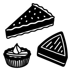 Pie slice and tart illustration set, hand drawn dessert vector, black and white line art, cake slice with cream topping, bakery food sketch isolated on white background