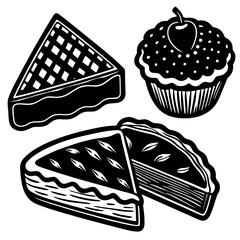 Pie slice and tart illustration set, hand drawn dessert vector, black and white line art, cake slice with cream topping, bakery food sketch isolated on white background