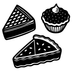 Pie slice and tart illustration set, hand drawn dessert vector, black and white line art, cake slice with cream topping, bakery food sketch isolated on white background