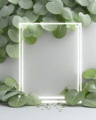 White Background with Neon Frame and Green Leaves