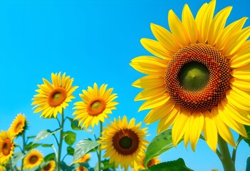 Fototapeta premium Vibrant sunflowers bask in bright sunlight against a clear blue sky.