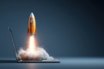 Naklejka premium Creative concept of a rocket launching from a laptop, symbolizing startup success, innovation, and digital growth. Ideal for business, technology, marketing, and startup-themed content.