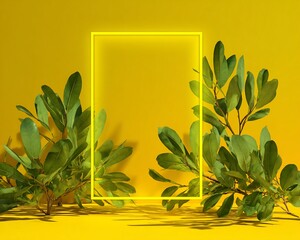 Yellow Background with Neon Frame and Green Branches