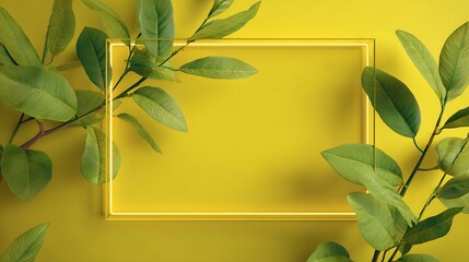 Yellow Background with Neon Frame and Green Plant Branches
