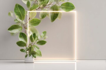 Plant and Illuminated Square Frame on Light Beige Wall