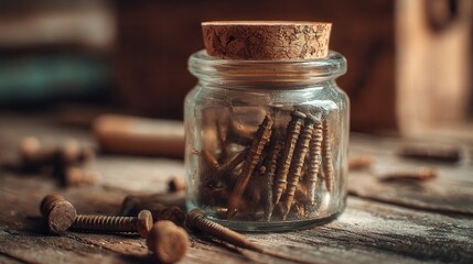 Jar filled with screws and nails on a wooden workbench with tools scattered around