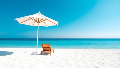 Fototapeta premium A beach scene with a white umbrella and a wooden lounge chair on the white sand, facing the blue ocean.