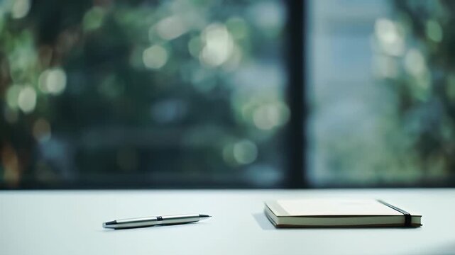 Notepad and Pen on White Table with Blurry Green Background for Workspace