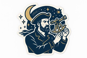 Fototapeta premium A contemplative sailor deeply engaged in celestial navigation utilizing a traditional sextant while the celestial bodies illuminate the night sky filled with stars and the crescent moon