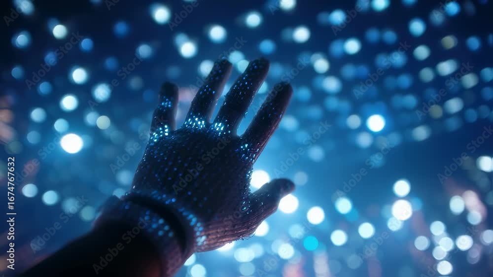 Poster focused medium shot capturing a performers expressive hand movements in a midi glove manipulating dy