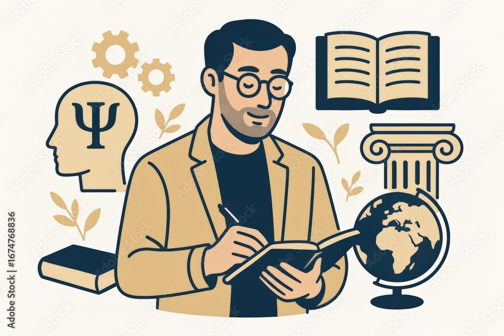 Poster intellectual exploration of a thoughtful man surrounded by symbols of knowledge including gears book