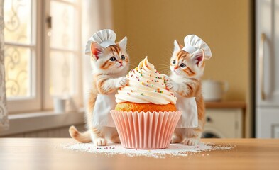 Two adorable kittens in chef hats and aprons proudly decorate a large, frosted cupcake with colorful sprinkles.