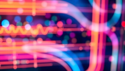 Abstract image with blurred, colorful light trails and bokeh effects creating a vibrant, dynamic composition.