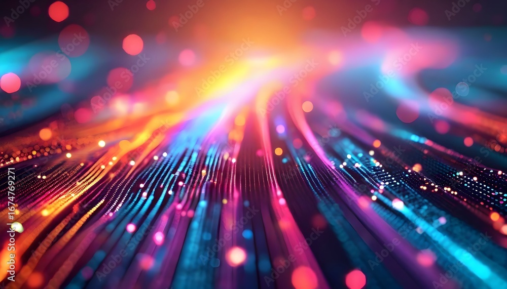 Poster abstract digital art with vibrant lines and glowing particles, creating a dynamic and energetic visu