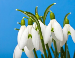 Fototapeta premium Close-up of snowdrops against a bright blue background