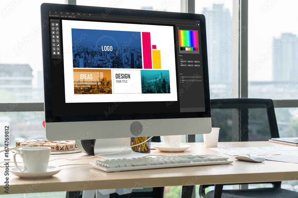 Aufkleber graphic designer software for modern design of web page and commercial ads showing on the computer s