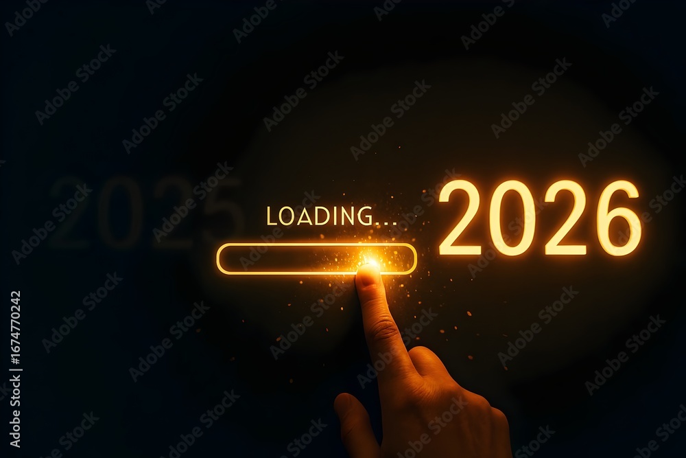 Aufkleber the year 2026 is loading on a digital screen with a finger touching the progress bar, representing t