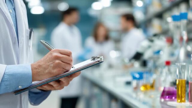 Medium shot of researcher writing notes on clipboard blurred colleagues and lab glassware behind emphasizing clinical trial documentation.