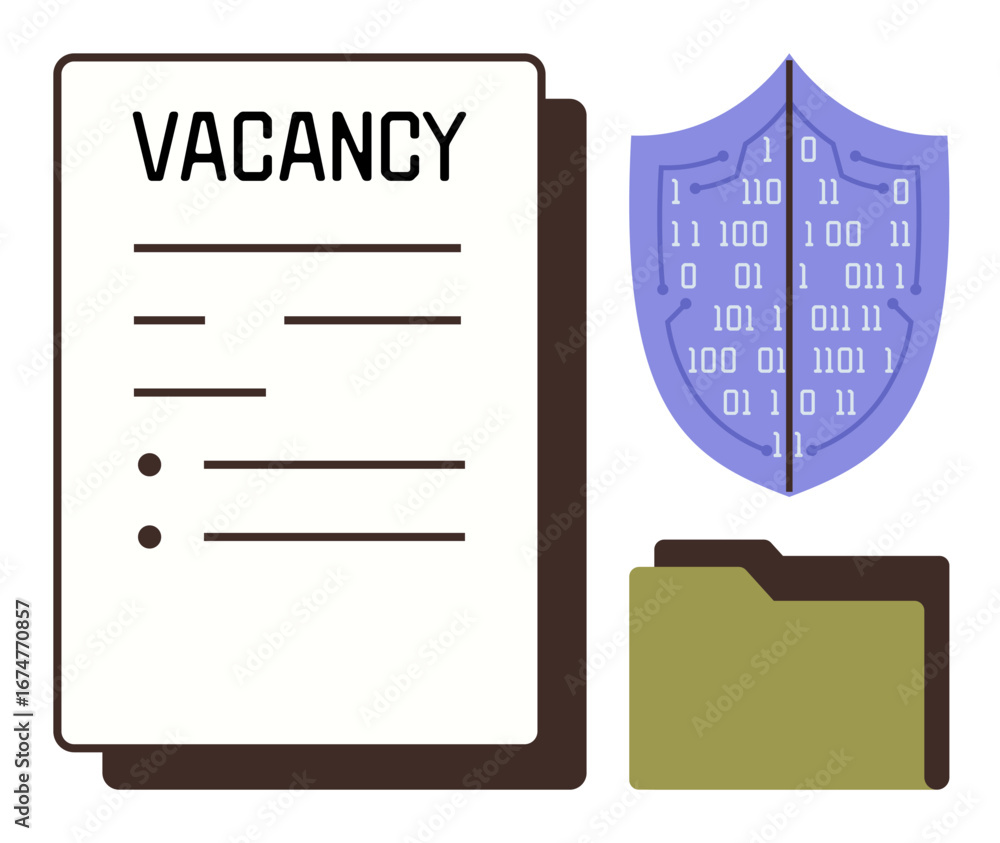 Aufkleber job vacancy document beside binary code shield and data folder. ideal for recruitment, cybersecurity