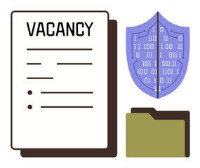 Job vacancy document beside binary code shield and data folder. Ideal for recruitment, cybersecurity, data protection, job applications, secure HR processes, hiring, and digital job safety. Simple