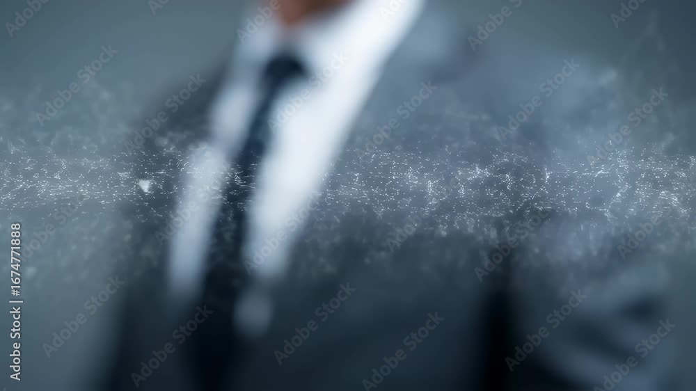 Poster medium shot of a business leader gesturing at a glowing virtual network grid background out of focus