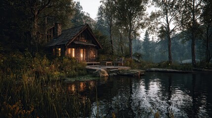 Fototapeta premium Serene riverside cabin surrounded by lush trees in the early morning light