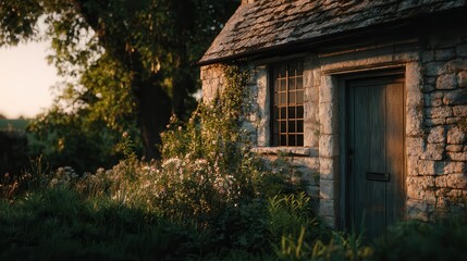 Charming rural stone cottage surrounded by blooming flowers during golden hour in a serene countryside setting