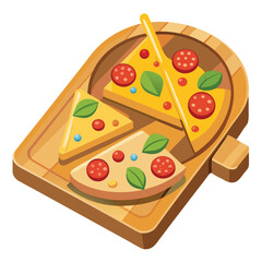 Pizza slices on a wooden board with a white background