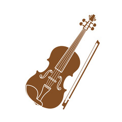 A simple brown vector illustration of a classical violin and its accompanying bow, isolated on a plain white background.