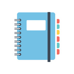 Illustration of a blue spiral notebook with tabs and an elastic band.