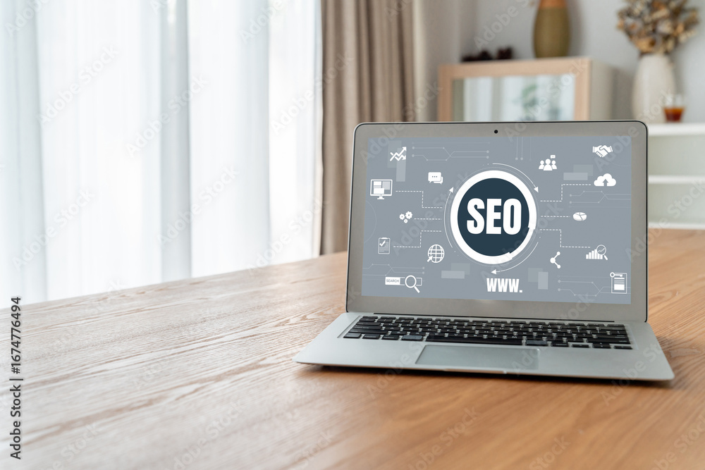 Poster seo search engine optimization for modish e-commerce and online retail business showing on computer 