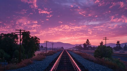 Railroad tracks stretch toward distant mountains under a vibrant pink and purple sky.