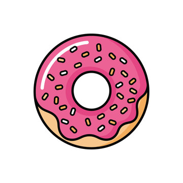 A cartoon-style illustration of a delicious donut with vibrant pink frosting and colorful sprinkles, isolated on a white background.