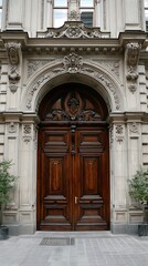 Ornate antique wooden double doors set within a grand stone facade featuring elaborate architectural carvings and a rounded archway