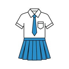 A detailed illustration of a school uniform, featuring a white shirt, blue tie, and pleated skirt.
