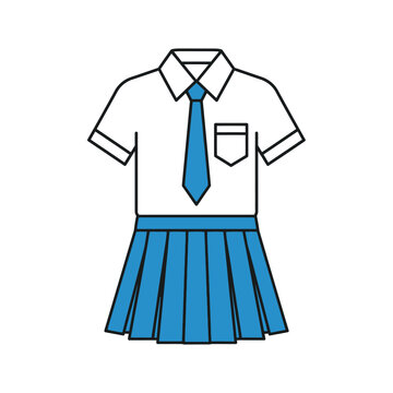 A detailed illustration of a school uniform, featuring a white shirt, blue tie, and pleated skirt.