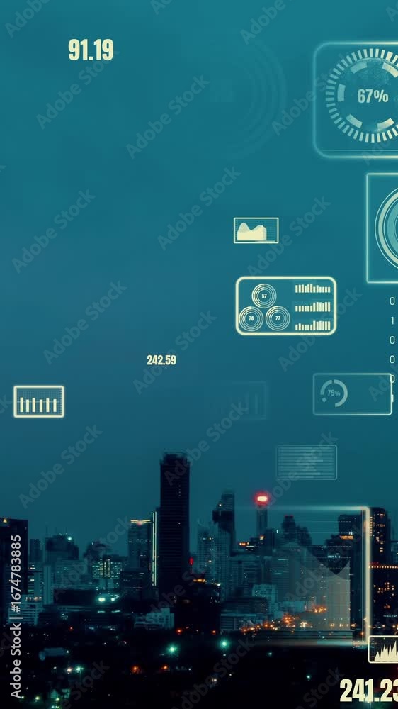 Poster business data analytic interface fly over smart city showing alteration future of business intellige